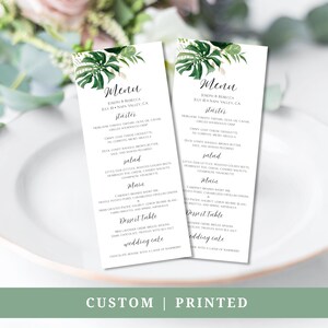 Cartes de menu de mariage IMPRIMÉES, menus imprimés personnalisés, menus de dîner tropicaux, menus modernes, menu verdure, menu de réception Monstera, décoration de table