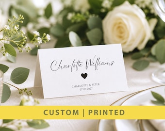 Segnaposto pieghevoli personalizzati con cuore, decorazioni minimaliste per la tavola del matrimonio, nomi degli invitati stampati su misura