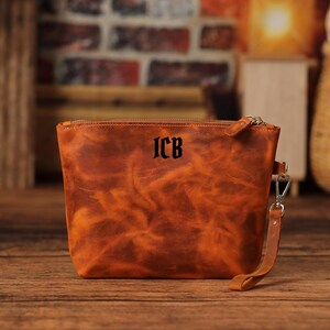 Custom Genuine  Leather Makeup Bag, Personalized Makeup Bag, Custom Bridesmaid Bag, Cosmetic Bag for Mother&#39;s Day, Anniversary Gift for Her,