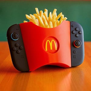 May include: A novelty Nintendo Switch controller with a red McDonald's french fry container design, filled with golden french fries. The controller has black buttons and a yellow McDonald's logo.