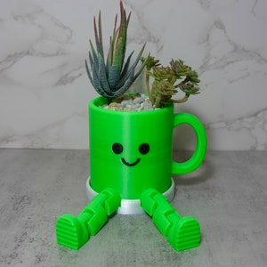 May include: A green ceramic mug planter with a smiling face and legs, holding a succulent plant with green leaves.