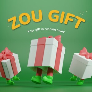 May include: Three white gift boxes with pink bows and green legs are running away on a green background. The text "ZOU GIFT" is in yellow letters and the text "Your gift is running away" is in black letters.
