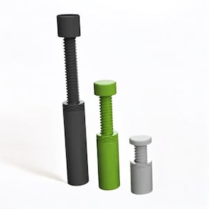 May include: Three different sized, adjustable, threaded, plastic standoffs. The standoffs are black, green, and gray.