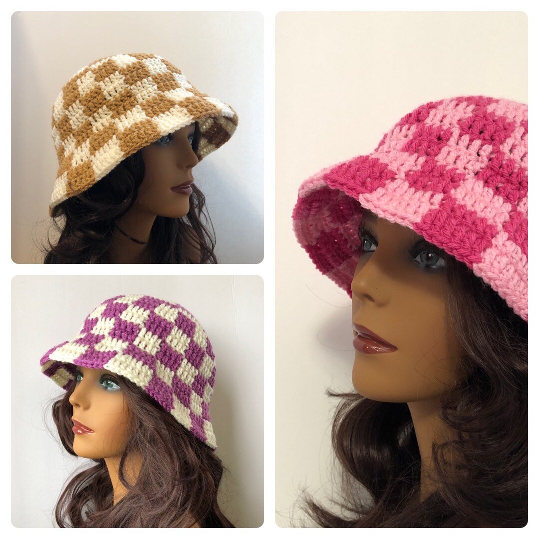 Crochet Checkered Bucket Hat Color Block Hat With Brim Pick Etsy