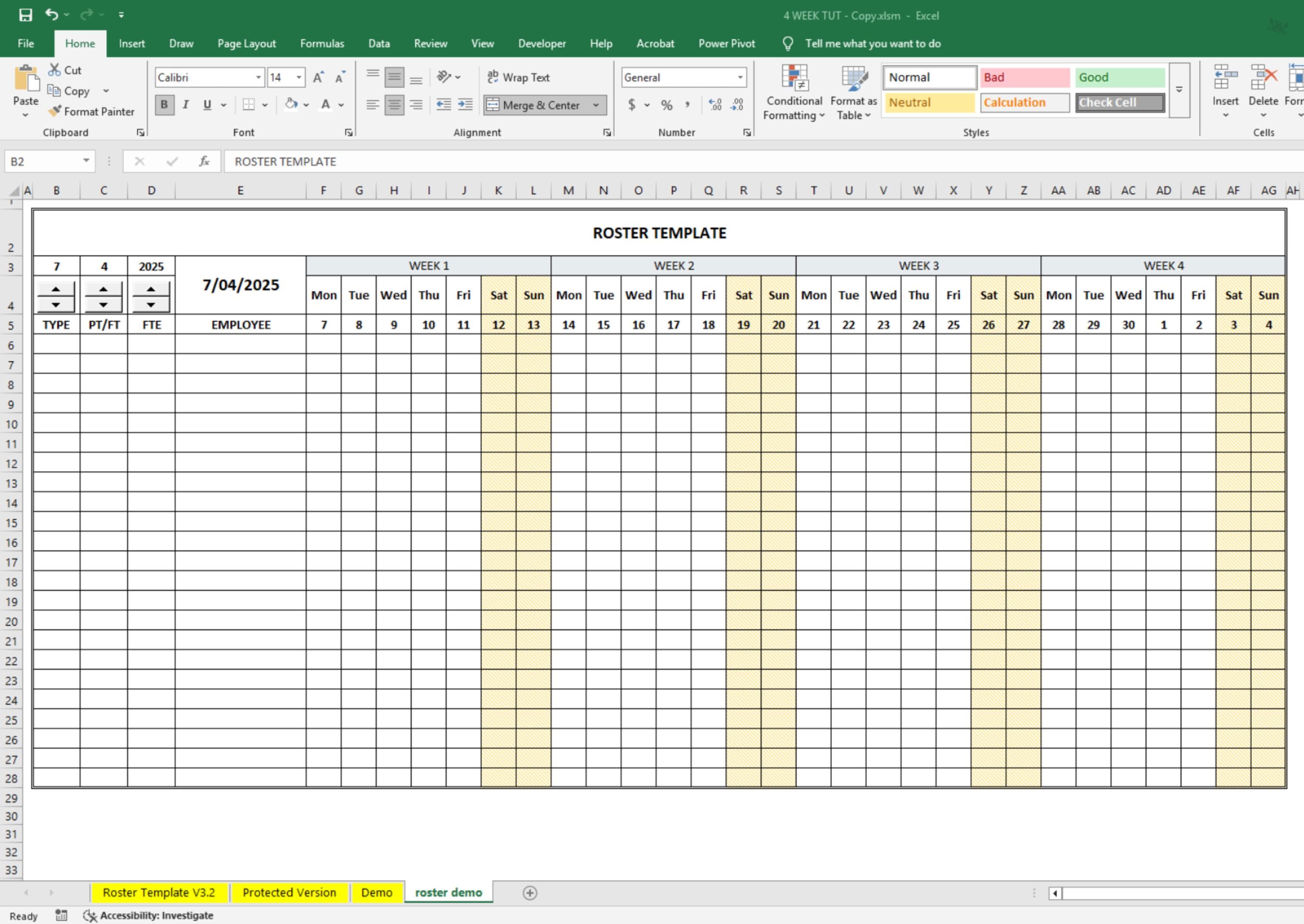 Excel Roster Template Video Tutorial + Practice File | 4‑week Employee ...