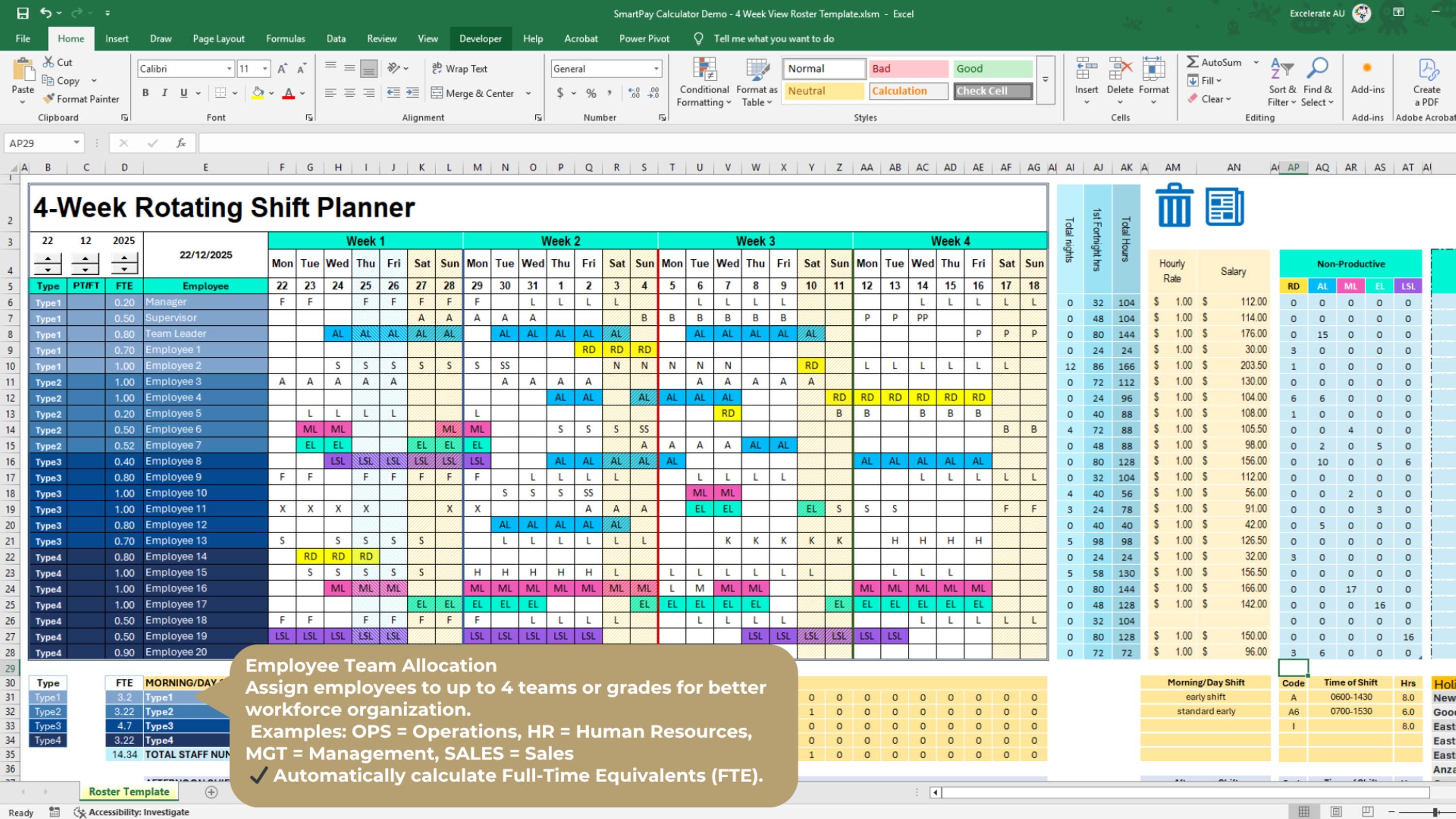 Excel Employee Roster Template | 4-week Shift Planner & Staff Schedule ...