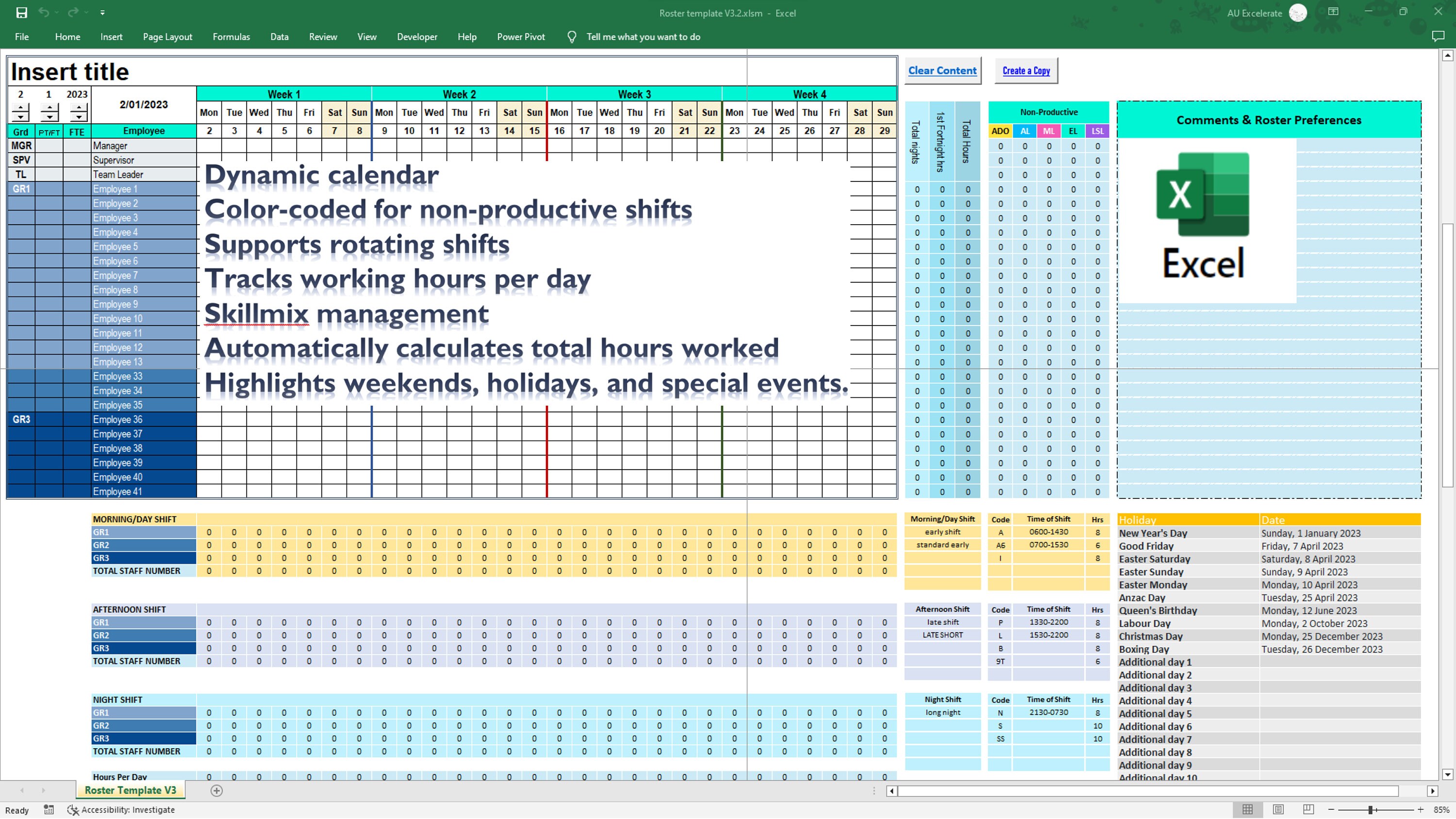 Professional Excel Roster Template Rotating Shift Planner For Staff 