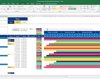 May include: Screenshot of a project management spreadsheet in Microsoft Excel. The spreadsheet includes columns for project title, priority, start and end dates, and status. Colorful horizontal bars represent project tasks, with a timeline across the top.