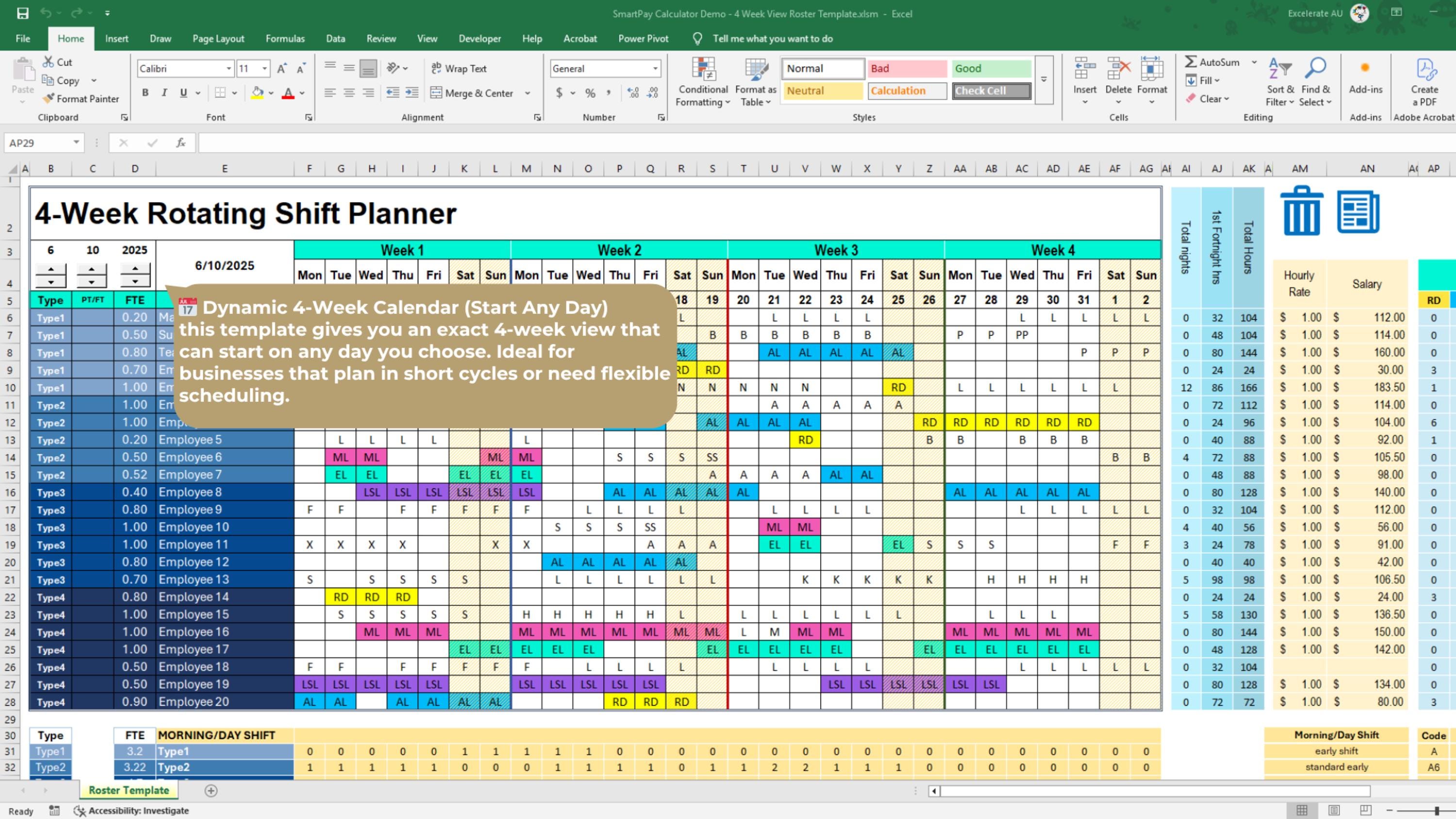 Excel Employee Roster Template | 4-week Shift Planner & Staff Schedule ...