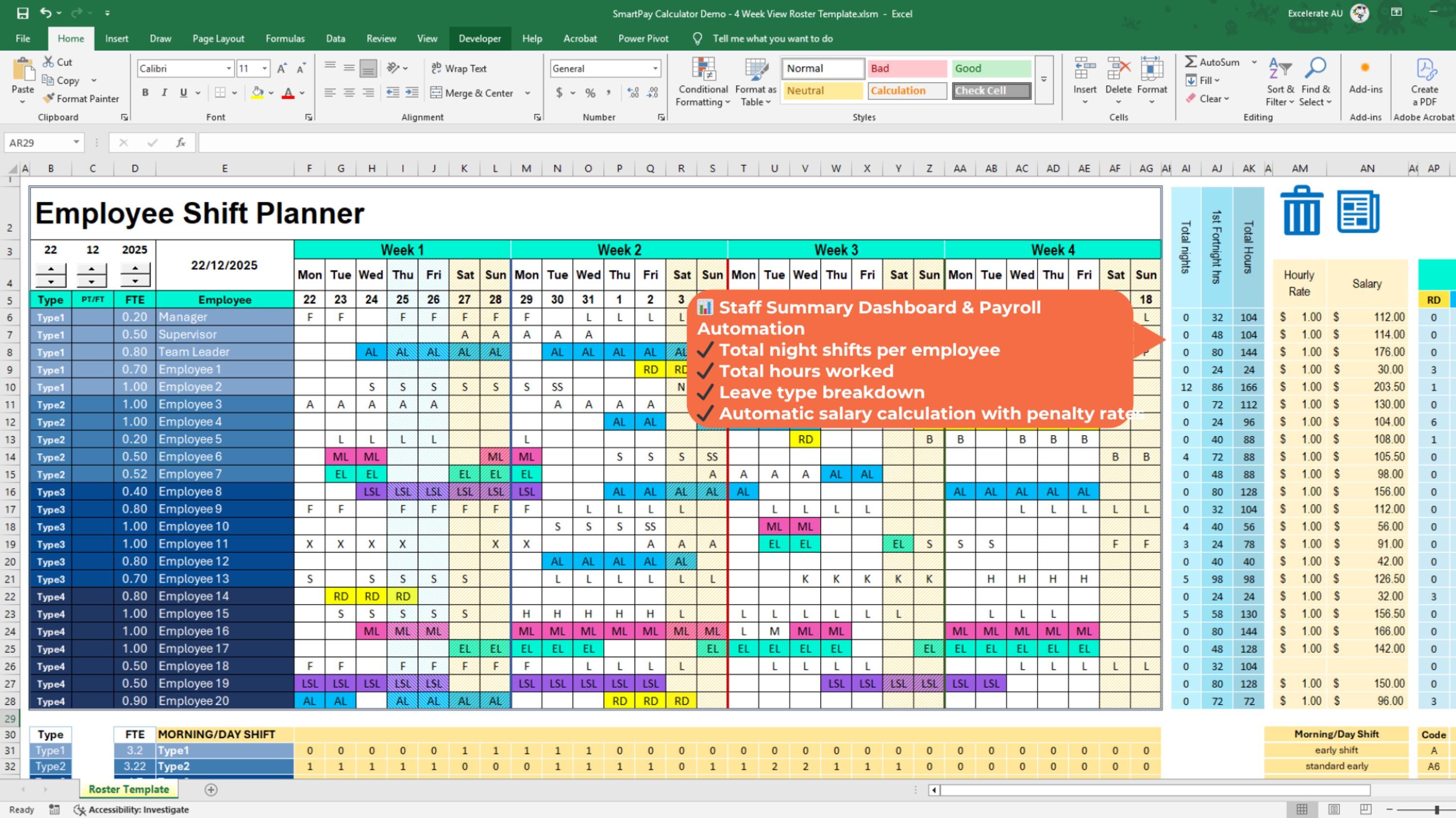 Excel Employee Roster Template | 4-week Shift Planner & Staff Schedule ...
