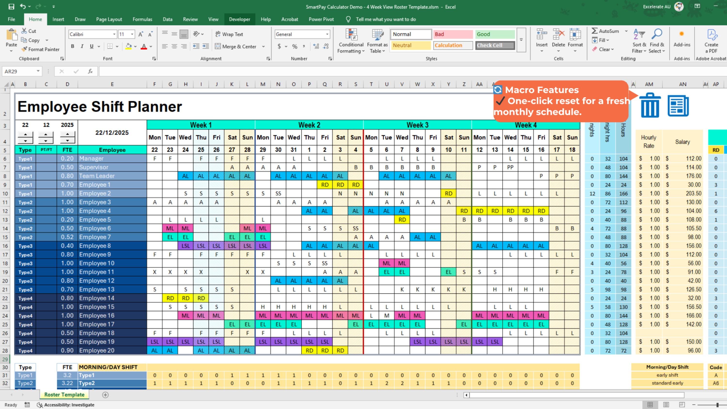 Excel Employee Roster Template: Australian Business Planner (4, 6, 8 ...