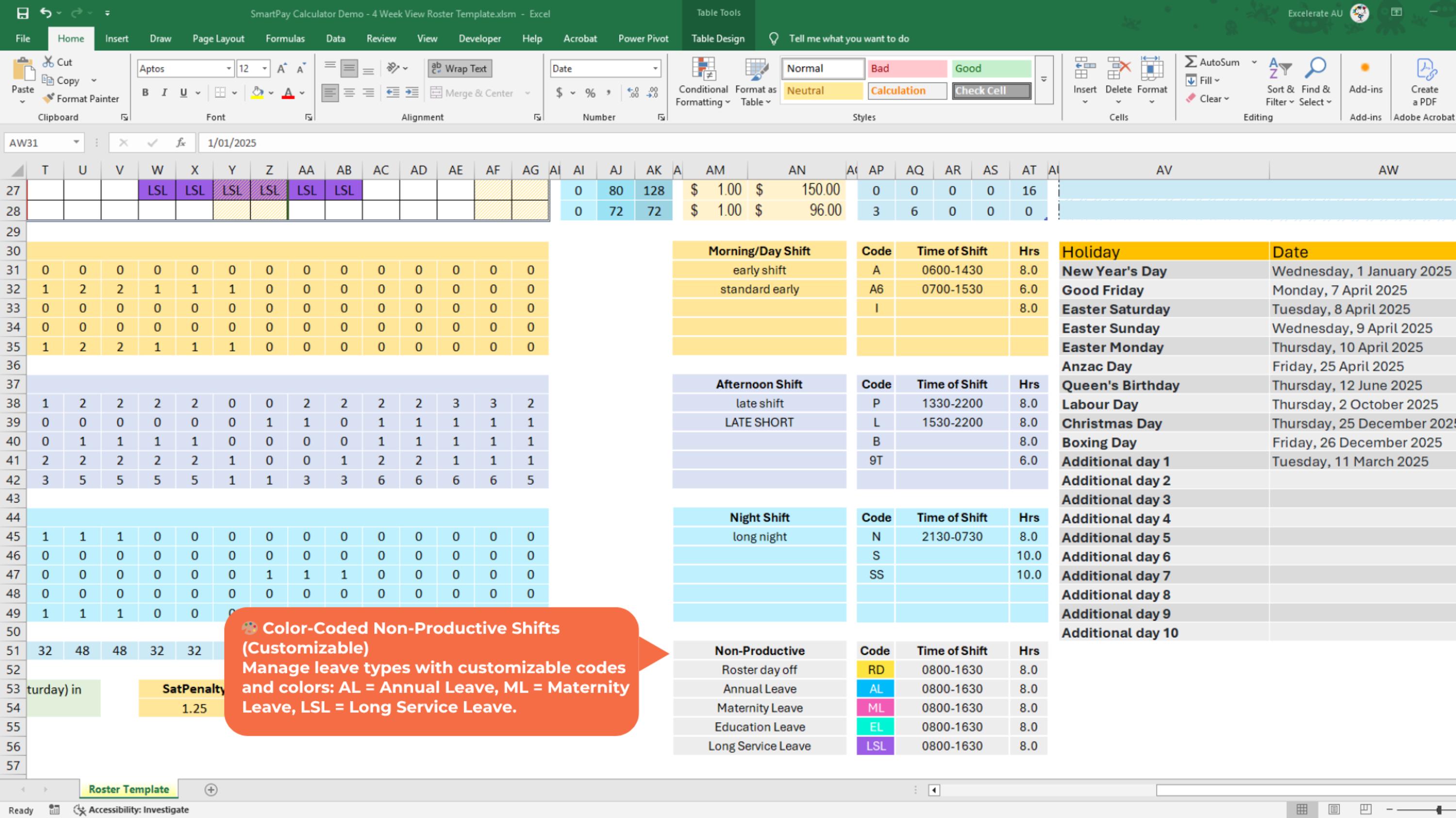 Australian Staff Roster Template | Excel Shift Planner With Payroll ...