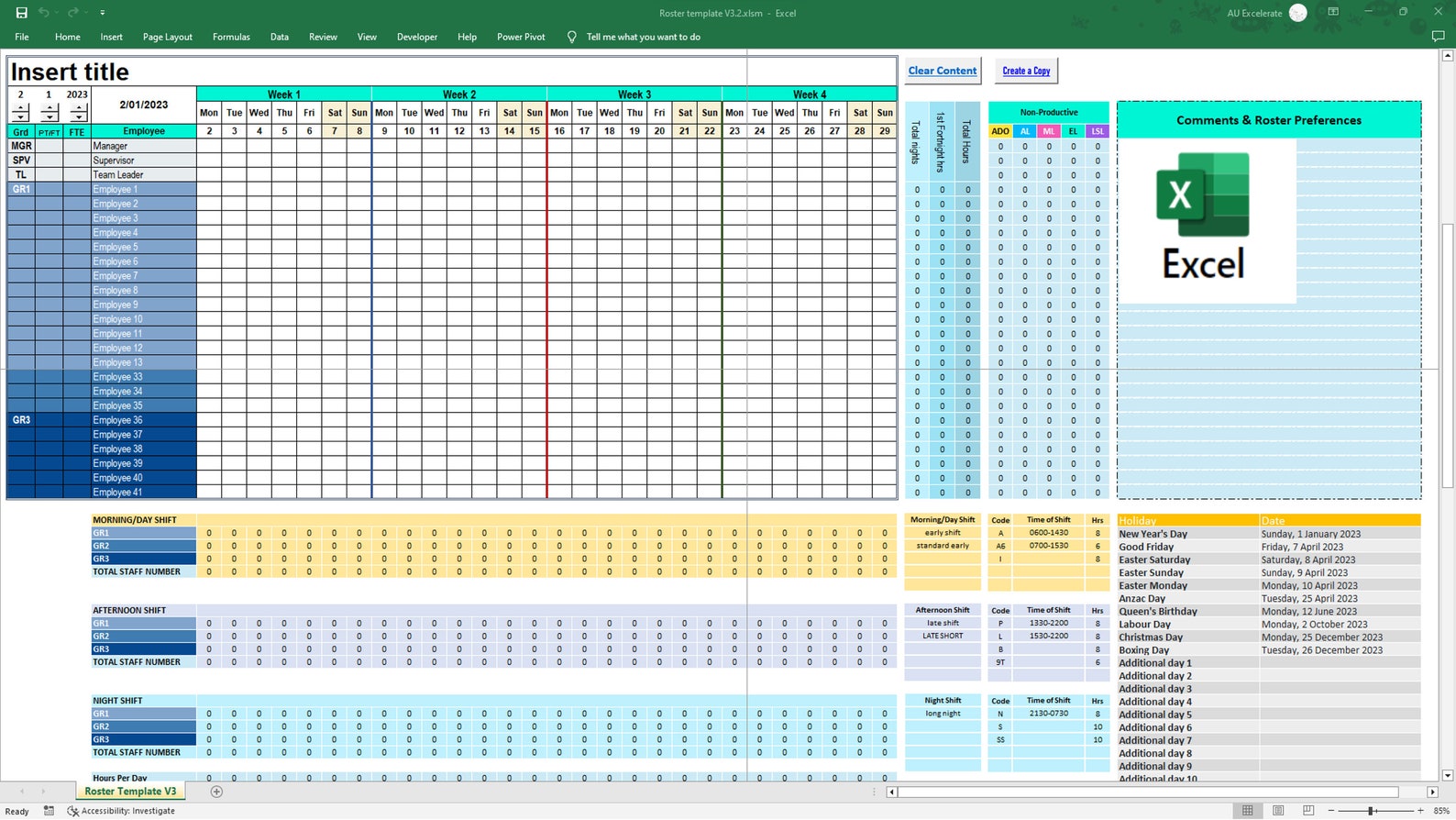 Professional Excel Roster Template Rotating Shift Planner for Staff Professional Excel Roster Template Rotating Shift Planner for Staff