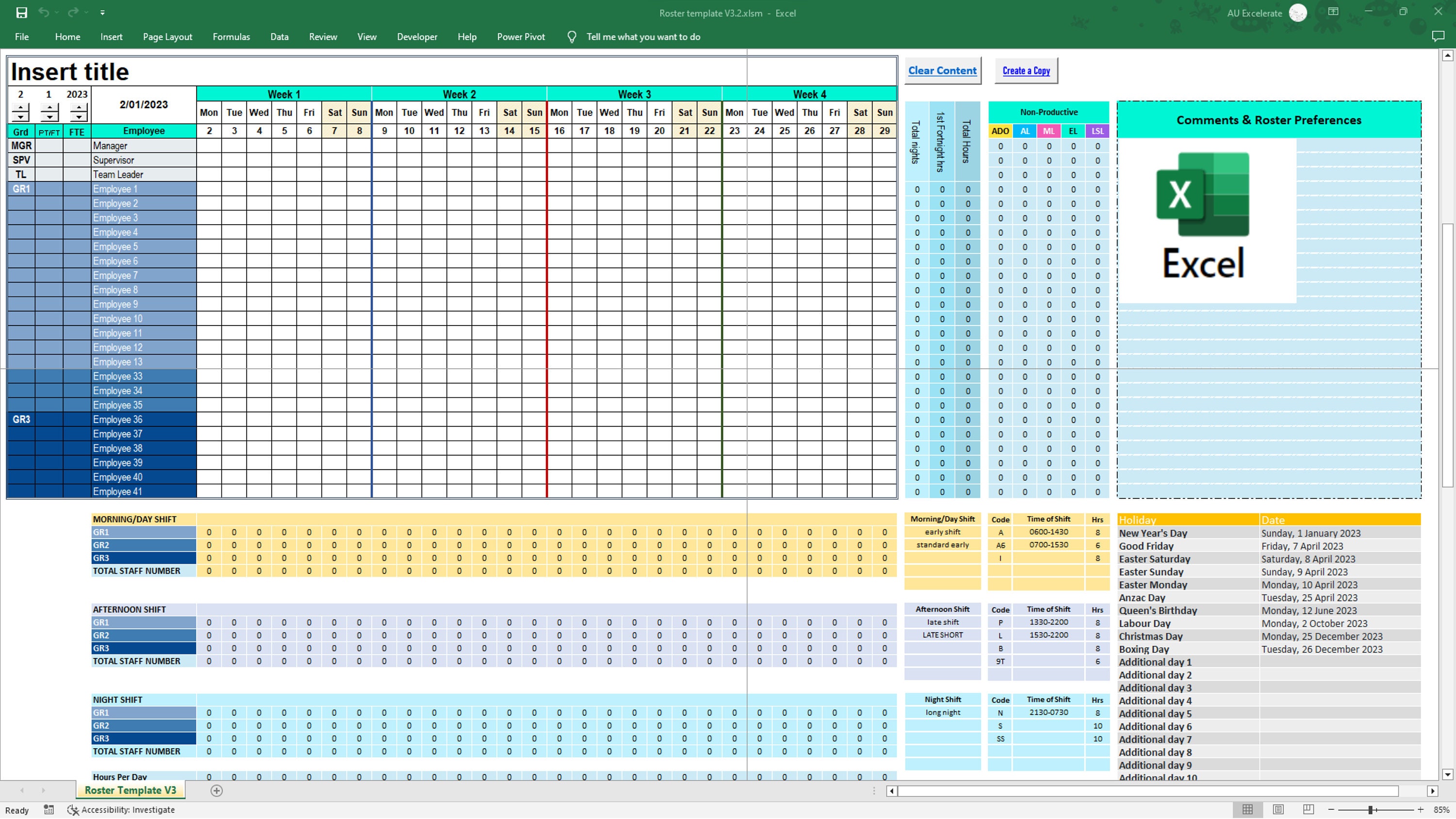 Professional Excel Roster Template Rotating Shift Planner for Staff Professional Excel Roster Template Rotating Shift Planner for Staff