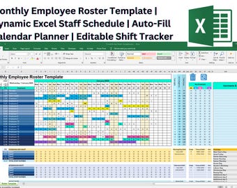 Plantilla de horario mensual para empleados / Lista de personal en Excel, planificador de turnos y seguimiento de nóminas