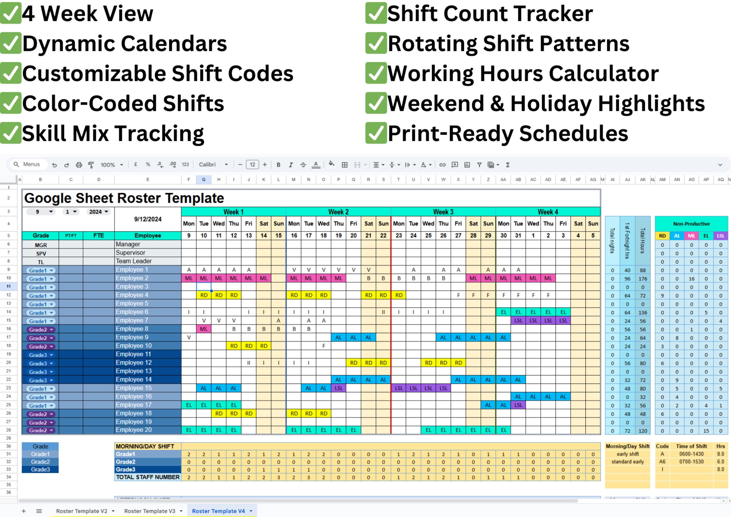 Google Sheets Employee Rostering Template for Customizable Shift Codes ...