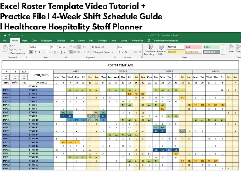 Excel Roster Template Video Tutorial + Practice File | 4‑week Employee ...
