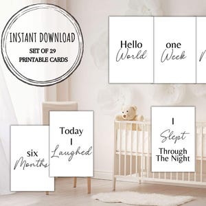 Cartes d'étapes imprimables minimales en noir et blanc, jalons de la première année, souvenir nouveau-né, téléchargement numérique, cadeau de baby shower, JPG, PDF