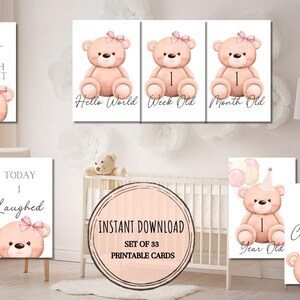 Mignon bébé fille nounours cartes d'étapes imprimables, jalons de la première année, souvenir nouveau-né, téléchargement numérique, rose, cadeau de baby shower, JPG, PDF