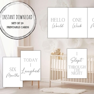 Cartes d'étapes imprimables minimales classiques, jalons de la première année, souvenir nouveau-né, téléchargement numérique, cadeau de baby shower, JPG, PDF