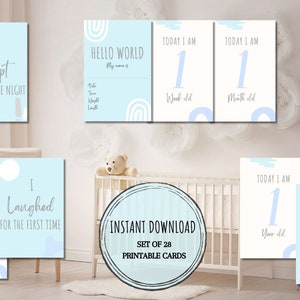 Cartes d'étape imprimables bleu bébé, jalons de la première année, souvenir nouveau-né, téléchargement numérique, bébé garçon, cadeau de baby shower, JPG, PDF