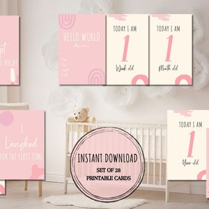 Cartes d'étape imprimables roses pour bébé, jalons de la première année, souvenir nouveau-né, téléchargement numérique, bébé fille, cadeau de baby shower, JPG, PDF