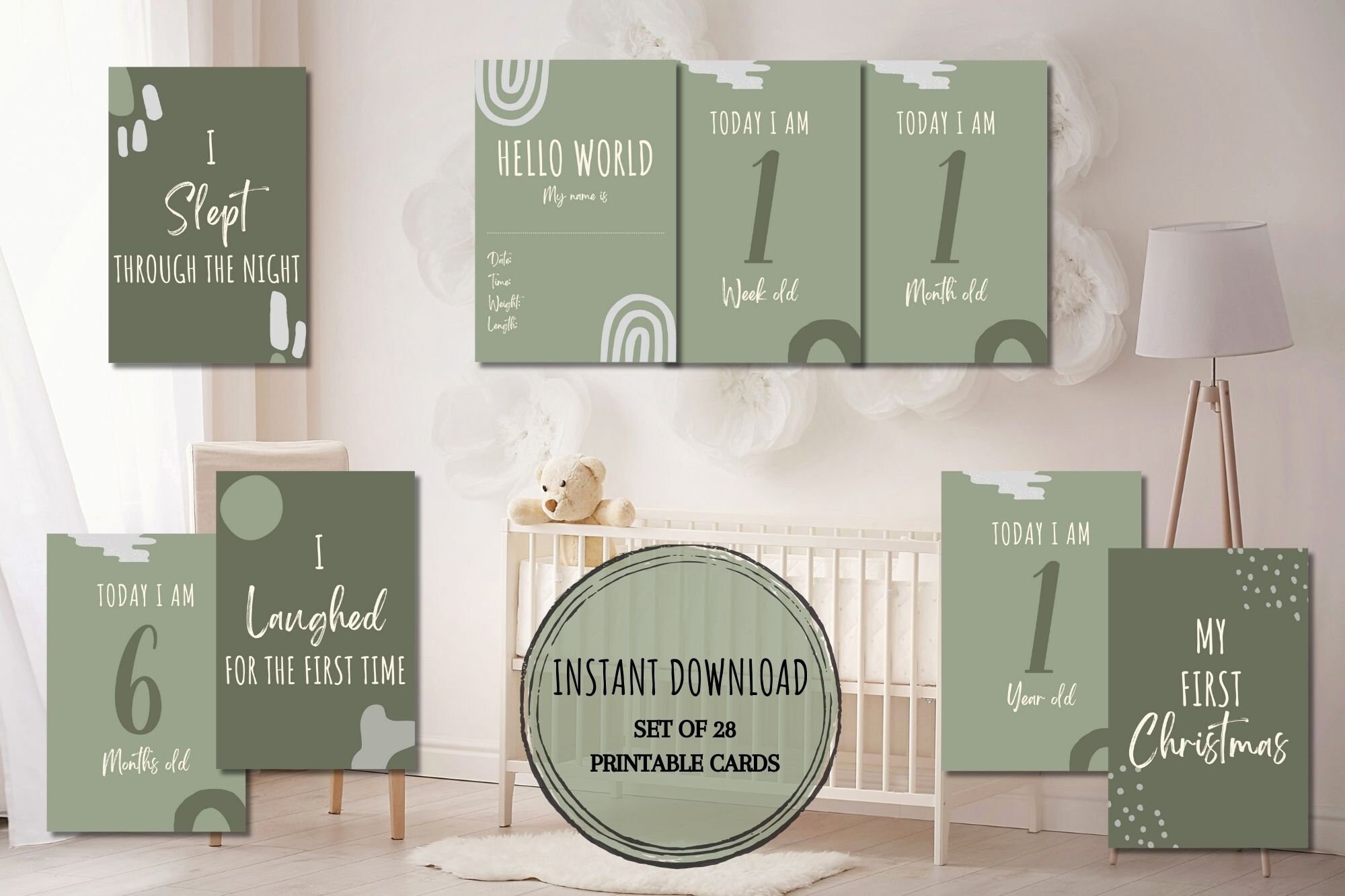 Sage Baby Printable Milestone Cards, First Year Milestones, Newborn ...