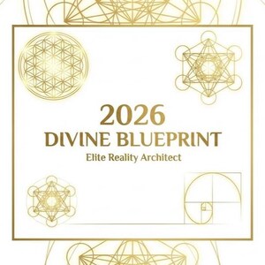 May include: A white background with gold geometric designs and the text "2026 DIVINE BLUEPRINT Elite Reality Architect." The design includes a flower of life, Metatron's Cube, and a golden ratio spiral.