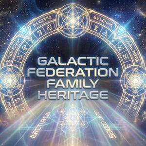 Op de afbeelding: Een digitaal kunstwerk met de tekst "GALACTIC FEDERATION FAMILY HERITAGE" in een gloeiend, futuristisch lettertype. Het ontwerp bevat een cirkelvormig, sierlijk frame met geometrische patronen en symbolen, tegen een kosmische achtergrond met sterren en nevels. De woorden "ARCTURIAN" en "LIGHT CODES" zijn ook zichtbaar.