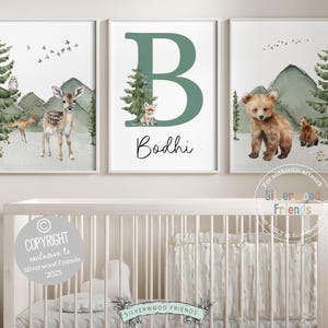 Woodland Animal Nursery Prints, Woodland Bear Deer Nursery Decor, Mountain Nursery Print, Custom Baby Forest Bear Name Nursery Digital Print