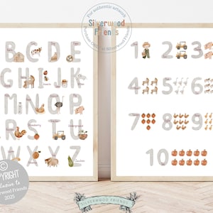 Farm Alphabet and Numbers Print, Farm Animals Nursery Wall Art, Farm Animal Poster, Homeschool Educational ABC Alphabet Poster Digital Print