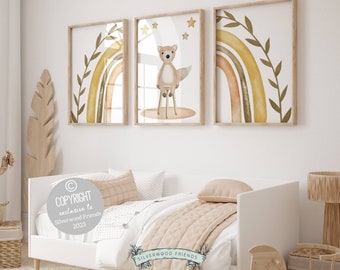 Déco murale de chambre à coucher thème arc-en-ciel bohème pour enfants, déco de salle de jeux, art mural neutre pour chambre d'enfant ours en peluche neutre en termes de genre, cadeau de shower de bébé impression numérique