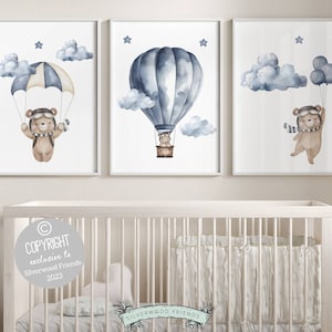 Teddy Bear Nursery Prints, Teddy Bear Nursery Decor, Boys Blue Nursery Decor, Hot Air Balloon Nursery Wall Art, Boys Nursery Digital Prints