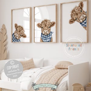 Peeking Highland Cow Nursery Print, Baby Boy Blue Highland Cow Nursery Decor, Highland Cow Gift, Boys Western Nursery Wall Art Digital Print