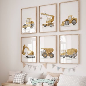Transport Nursery Prints Set of 6, Boys Truck Nursery Decor, Construction Vehicles Playroom Set of 6 Posters, Boys Nursery Digital Prints