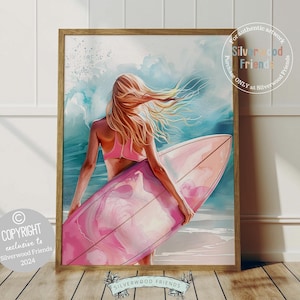 Pink Surfboard Wall Art Print, Beachy Room Decor, Trendy Dorm Room Surfing Wall Art,Teen Girl Beach House Surf Room Wall Decor Digital Print