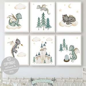 Set of 6 Baby Dragon Nursery Prints, Dragon Nursery Decor, Fairytale Nursery, Mythical Creatures, Castle and Dragon Nursery, Fantasy Nursery
