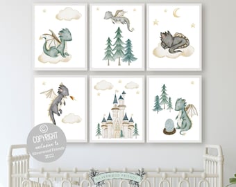 Set of 6 Baby Dragon Nursery Prints, Dragon Nursery Decor, Fairytale Nursery, Mythical Creatures, Castle and Dragon Nursery, Fantasy Nursery