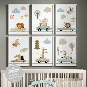 Safari Animal Driving Car Nursery Prints, Transport Nursery Decor, Boho Safari Nursery, Boys Nursery Decor, Baby Boys Nursery Digital Print