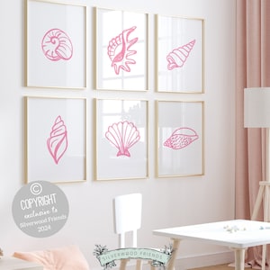 Pink Seashell Coastal Prints, Beachy Wall Art, Ocean Nursery Print, Baby Girl Nursery Wall Art, Beach House Girls Room Decor Digital Prints