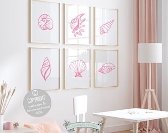 Pink Seashell Coastal Prints, Beachy Wall Art, Ocean Shell Posters, Baby Girl Nursery Wall Art, Beach House Girls' Room Decor Digital Prints