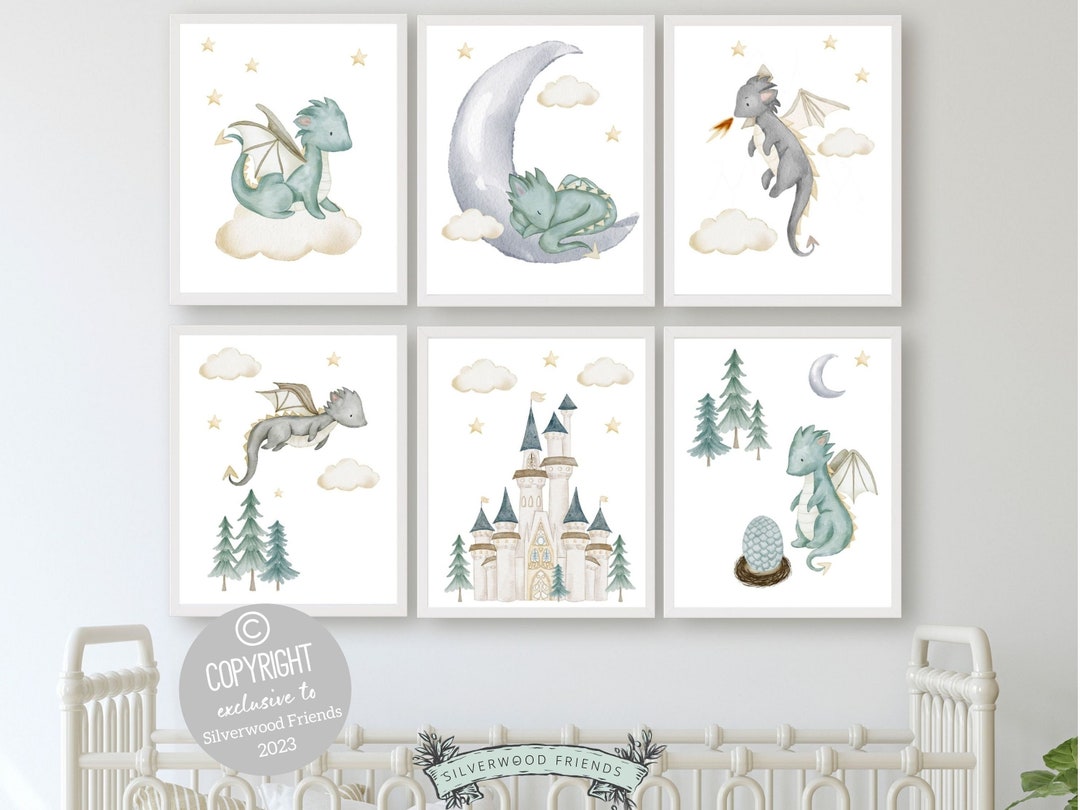 Set of 6 Baby Dragon Nursery Prints, Dragon Nursery Decor, Dragon ...