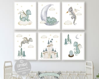 Set of 6 Baby Dragon Nursery Prints, Dragon Nursery Decor, Dragon Nursery Wall Art, Dragon Baby Shower, Fantasy Nursery Decor Digital Prints