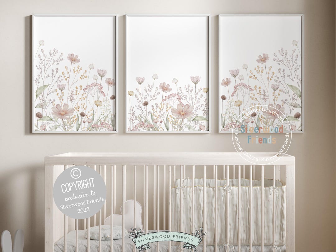 Pink Wildflower Nursery Print Set of 3, Floral Baby Room Decor, Boho ...
