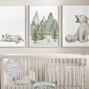 Set of 3 Baby Wolf Nursery Prints, Wolf Nursery Decor, Wolf Print Nursery, Mountain Nursery Print, Green Nursery Decor, Woodsy Nursery Decor
