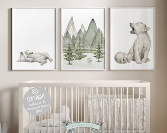 Set of 3 Baby Wolf Nursery Prints, Wolf Nursery Decor, Wolf Print Nursery, Mountain Nursery Print, Green Nursery Decor, Woodsy Nursery Decor