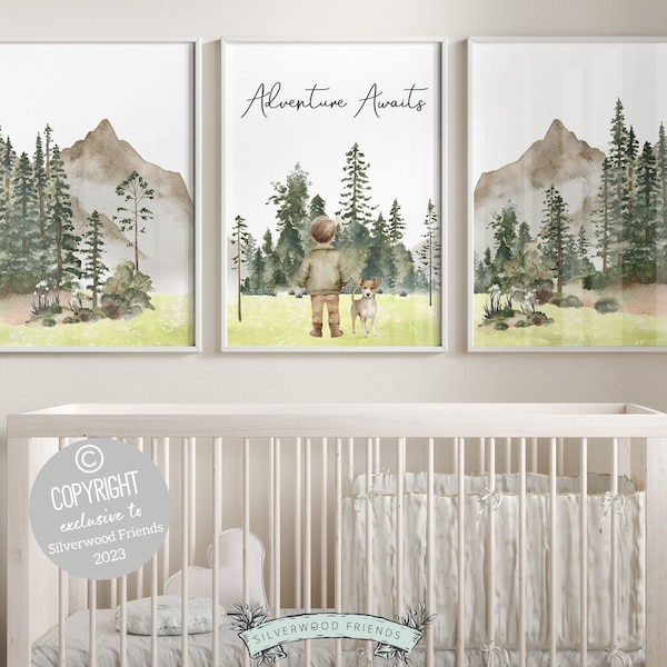 Hiking Nursery Prints, Boy Dog Nursery Decor,Boys Camping Nursery Print,Woodland Forest Nursery Decor,Adventure Awaits Nursery Digital Print