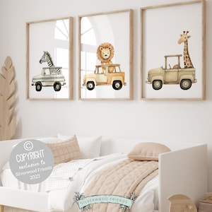 Safari Animal Car Nursery Prints, Jungle Animal Car Nursery Decor, Boys Toddler Room Safari Nursery Decor, Transport Nursery Digital Print