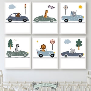 Animal Cars Prints,Transport Nursery Print,Race Car Nursery Decor,Boys Toddler Room Nursery Decor,Safari Animal Driving Racing Cars DIGITAL