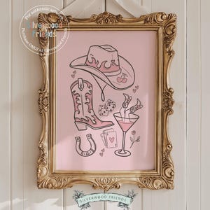 Pink Cowgirl Hat Print, Cowgirl Boots Print, Martini Print, Coquette Room Decor, Western Horse Shoe Wall Art, Dopamine Decor Digital Print